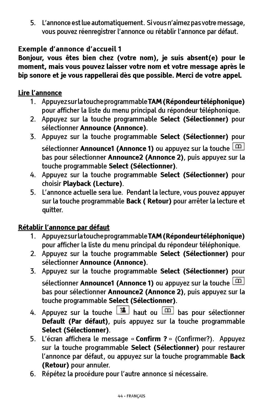 ClearSounds A300 manual Exemple d’annonce d’accueil 1, Lire l’annonce, Rétablir l’annonce par défaut 